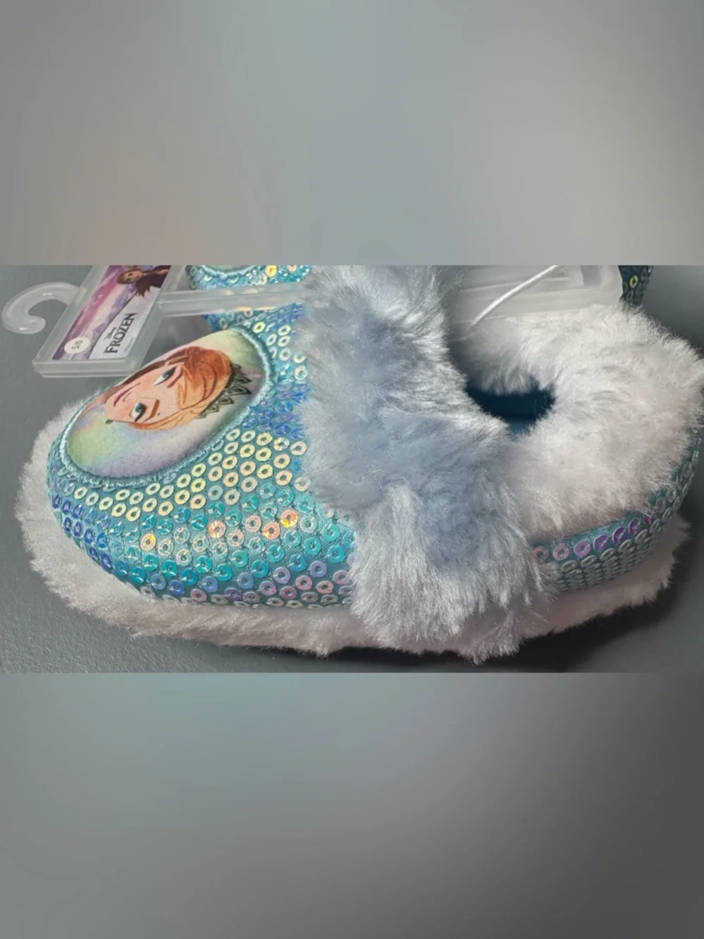 Disney Frozen Elsa & Anna Sequin Slippers iridescent faux fur slip-ons size 5/6